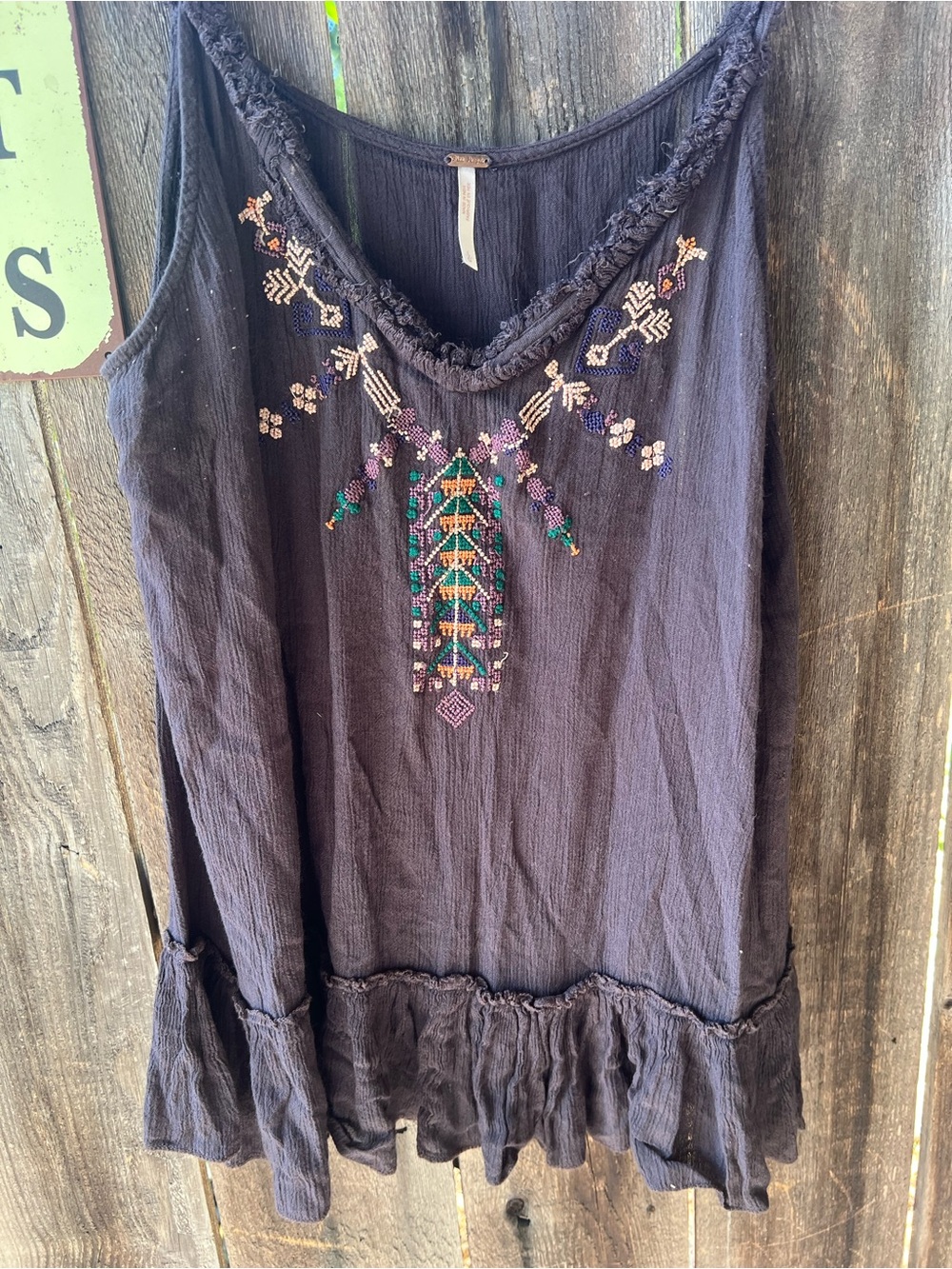 Free People Black Embroidered Ruffle-Hem Camisole